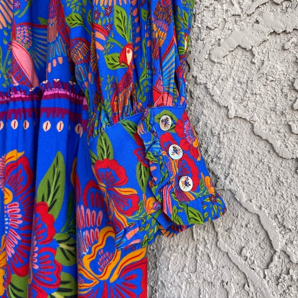 FARM RIO Blue & Red Tropical Floral Macaw Flight Ruffle Long Sleeve Shirtdress L - Picture 4 of 13